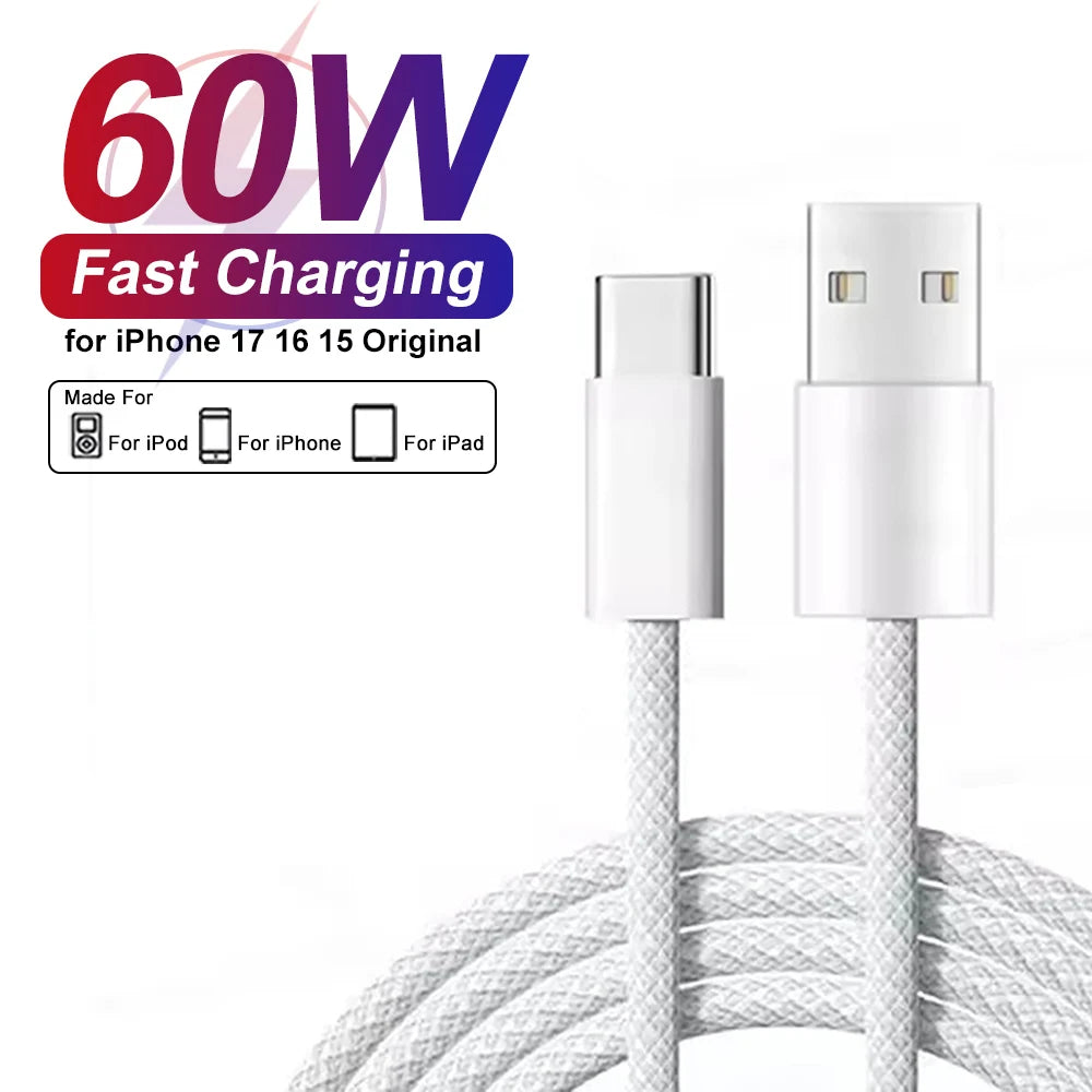 60W USB C Phone Cable For iPhone 16 | 15 | 17 Pro Max | 17 Air Plus Fast Charging Type-C