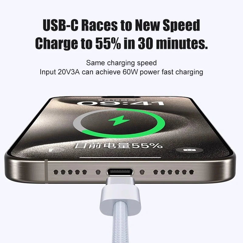60W USB C Phone Cable For iPhone 16 | 15 | 17 Pro Max | 17 Air Plus Fast Charging Type-C