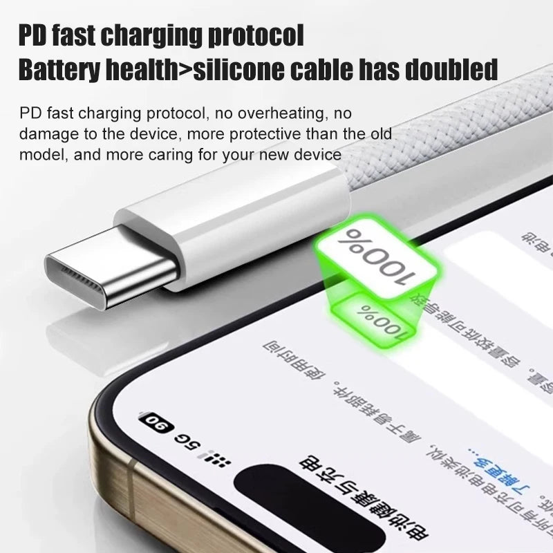 60W USB C Phone Cable For iPhone 16 | 15 | 17 Pro Max | 17 Air Plus Fast Charging Type-C